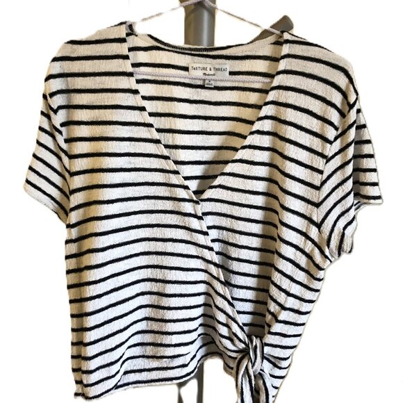 Madewell Texture & Thread Wrap Tie Top Black White Striped Short Sleeve Size M - Picture 1 of 11